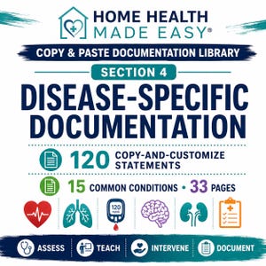 Puede incluir: Una portada de documento digital titulada Home Health Made Easy, Section 4 Disease-Specific Documentation. Incluye 120 declaraciones para copiar y personalizar para 15 afecciones comunes en 33 páginas, con iconos de corazón, pulmones, glucómetro, cerebro, riñones y portapapeles.