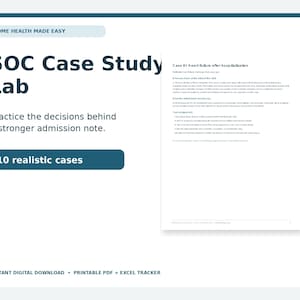 Puede incluir: Un documento digital titulado SOC Case Study Lab con el subtítulo Practice the decisions behind a stronger admission note y un botón etiquetado como 10 realistic cases. A la derecha se muestra una vista previa de una página de estudio de caso titulada Case #1 Heart failure after hospitalization.