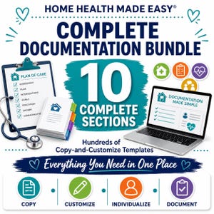 Könnte beinhalten: Ein Home Health Made Easy Komplettpaket zur Dokumentation mit Klemmbrett, Pflegeplan, Dokumentenstapel, Stethoskop und Laptop mit der Aufschrift documentation made simple. Enthält 10 vollständige Abschnitte und anpassbare Vorlagen.