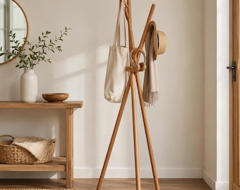Solid Wood Coat Rack, Freestanding Tripod Clothes Stand, Japanese Entryway Hat and Bag Organizer