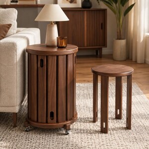 Solid Wood Nesting Stool Set, 4-in-1 Round Side Table, Space-Saving Coffee Table