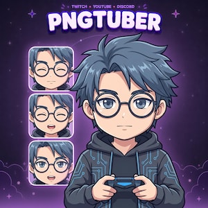May include: A digital illustration of a character with blue hair and round glasses wearing a black hoodie with blue circuit patterns, holding a game controller. The text PNGTUBER is displayed above, with three smaller facial expressions on the left.