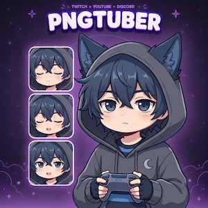 May include: A digital illustration of a PNGtuber character with dark blue hair and cat ears, wearing a grey hoodie with a crescent moon icon. The character holds a game controller. Three smaller square panels show different facial expressions.