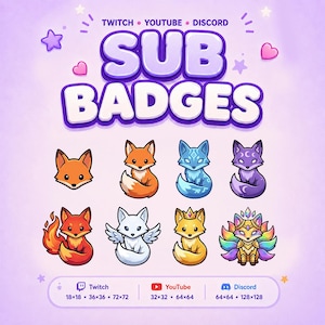 May include: A digital graphic set of eight fox-themed sub badges for Twitch, YouTube, and Discord. The collection features various fox designs including a standard orange fox, a blue mystical fox, a purple moon fox, a fire fox, a winged fox, a golden crowned fox, and a multi-tailed rainbow fox, all displayed against a light purple background.