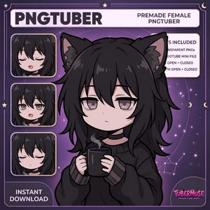 May include: A digital character illustration of a cat-eared figure with black hair, wearing a black sweater and choker, holding a steaming black mug. The graphic includes three smaller facial expressions and text reading PNGTUBER and TUBERMUSE.