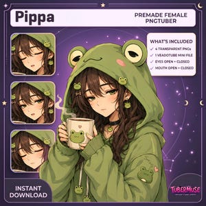 Puede incluir: Una ilustración digital del personaje Pippa, un PNGtuber prefabricado. El personaje lleva una sudadera verde con capucha temática de rana con detalles de rana, sosteniendo una taza con un gráfico de rana. Incluye cuatro PNG transparentes, un archivo Veadotube mini y expresiones con ojos y boca abiertos o cerrados.
