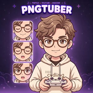 Pode incluir: Uma ilustração digital de uma personagem com um capuz bege e óculos redondos, segurando um comando de jogo. O texto PNGTUBER aparece no topo, com TWITCH, YOUTUBE e DISCORD acima. Três expressões faciais circulares menores são exibidas.