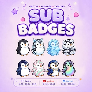 Op de afbeelding: Een digitale grafische set van acht pinguin-sub-badges voor Twitch, YouTube en Discord. De pinguins hebben verschillende ontwerpen, waaronder ijs, wolken, sterren, snoeppatronen en iriserende kleuren. De tekst luidt SUB BADGES.