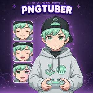 Pode incluir: Uma ilustração digital de uma personagem com cabelo verde menta, usando um boné preto e um moletom cinza claro com gráficos pixelizados de um joystick e um cogumelo. A personagem segura um controle de jogo, com três expressões faciais menores.
