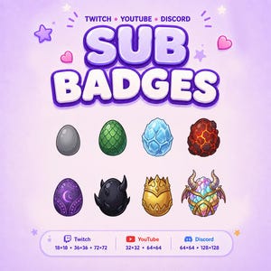 Puede incluir: Un conjunto gráfico digital de ocho iconos de huevos de fantasía para insignias de suscriptor de Twitch, YouTube y Discord. Los huevos presentan texturas variadas que incluyen gris liso, escamas verdes, hielo azul, lava, runas moradas, púas negras, corona dorada y un cristal alado.