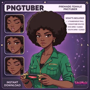May include: A digital illustration of a character with dark skin and a large afro hairstyle, wearing a green collared jacket with gold zippers. The character holds a game controller. The graphic includes text labels and three smaller facial expressions.