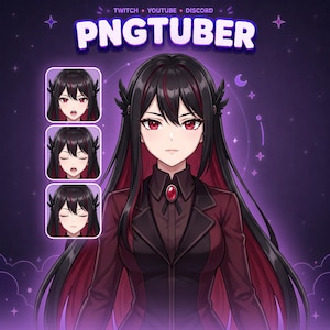 May include: An anime-style digital character illustration labeled PNGTUBER with text for TWITCH, YOUTUBE, and DISCORD. The character has long black hair with red highlights, red eyes, and wears a dark red and black collared jacket with a red gem brooch.