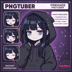 以下が含まれることがあります： 黒髪で紫の紐が付いたダークなパーカーを着たPNGtuberキャラクターのデジタルイラスト。キャラクターは小さなフレームの中で、目を開けたり閉じたり、口を開けたり閉じたりする様々な表情を見せている。