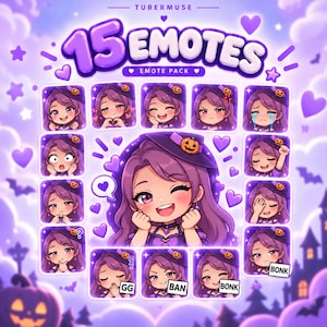 May include: A digital collection of 15 emotes featuring a purple-haired character in a witch hat with a pumpkin accent. The set includes various facial expressions and poses, with some emotes displaying text such as GG, BAN, and BONK in white boxes.