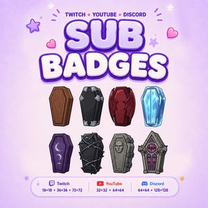 May include: A digital graphic set of eight coffin-themed sub badges for Twitch, YouTube, and Discord. The designs include a wooden coffin, a black metal-trimmed coffin, a red winged coffin, an icy blue coffin, a purple moon coffin, a thorny coffin, a stone coffin with a face, and a gothic stained-glass coffin.