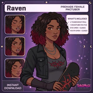 May include: A digital illustration of a character named Raven, a premade PNGtuber. The character has curly dark hair with red tips, wearing a black jacket over a grey top with a red graphic, and holding a skateboard. Includes four transparent PNGs.
