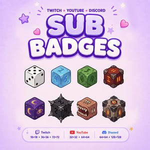 May include: A digital graphic set of eight unique cube-shaped sub badges for Twitch, YouTube, and Discord. The icons feature varied designs including a standard die, elemental cubes, a spiked cube, a monster mouth, and a stone structure with an eye.