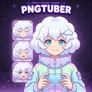 May include: A digital illustration of a character with white curly hair and a cloud hair clip, wearing a pastel jacket and holding a game controller. The text PNGTUBER is displayed above, with three smaller facial expressions shown on the left side.