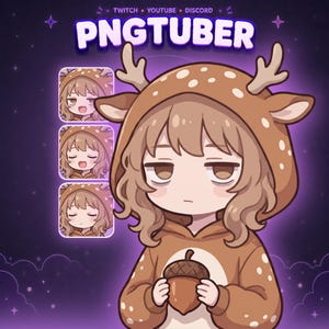 Puede incluir: Una ilustración digital de un personaje con una sudadera marrón con capucha de ciervo, astas y manchas blancas, sosteniendo una bellota marrón. El texto PNGTUBER aparece en la parte superior, junto a tres iconos cuadrados con expresiones.