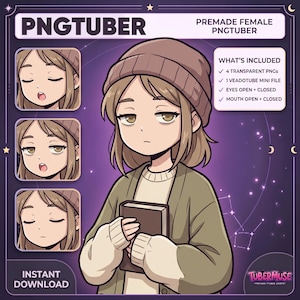 May include: A digital illustration of a character wearing a brown beanie and olive green cardigan holding a book. The graphic includes text reading PNGTUBER, PREMADE FEMALE PNGTUBER, and WHAT'S INCLUDED, listing 4 transparent PNGs and 1 Veadotube mini file.