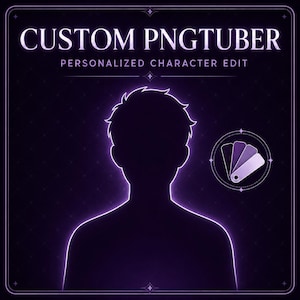 Può includere: Una grafica viola scuro con il testo CUSTOM PNGTUBER e PERSONALIZED CHARACTER EDIT. Al centro si trova la sagoma viola luminosa di una testa e spalle. A destra, un'icona circolare contiene un ventaglio di campioni di colore.
