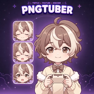 May include: A digital illustration of a character with brown and white hair wearing a beige sweater and bow tie, holding a game controller. The text PNGTUBER is at the top, with three smaller circular headshots showing different facial expressions.