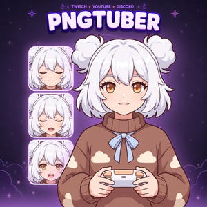 May include: An anime-style character with white hair in two buns, wearing a brown sweater with a cloud pattern and a light blue bow, holding a game controller. The text PNGTUBER is at the top, with three smaller facial expressions on the left.