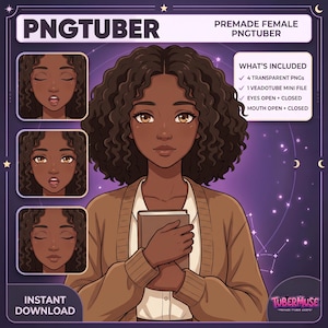 May include: A digital illustration of a PNGtuber character with dark curly hair, wearing a brown cardigan over a white shirt, holding a book. The graphic includes text labels: PNGTUBER, PREMADE FEMALE PNGTUBER, WHAT'S INCLUDED, and INSTANT DOWNLOAD.
