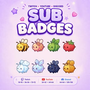 Puede incluir: Un conjunto gráfico digital de ocho insignias de suscriptor con temática de abejas para Twitch, YouTube y Discord. El texto dice SUB BADGES. Los iconos incluyen una abeja estándar, flor, hoja, fresa, nube, cristal, noche y panal. Las dimensiones se enumeran para cada plataforma.