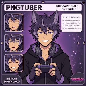 May include: A digital character illustration of a wolf-eared person with dark purple hair, wearing a black hoodie and headphones, holding a game controller. The graphic includes text labels PNGTUBER, PREMADE MALE PNGTUBER, and WHAT'S INCLUDED with a list of file types and expressions.