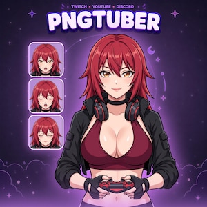 May include: A digital illustration of a character with red hair wearing a maroon crop top, black jacket, and headphones, holding a game controller. The text PNGTUBER is displayed above, with three smaller circular portraits showing different facial expressions.