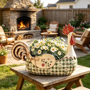 May include: A ceramic rooster-shaped planter featuring a green and white gingham pattern with small floral accents. The planter is filled with white daisies and green foliage, and includes a decorative wing detail tied with a twine bow.
