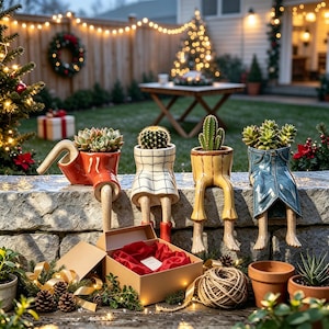 May include: Four ceramic planters shaped like dangling legs, each holding a different succulent or cactus. The planters feature a red piece with a candy cane, a white plaid piece, a yellow piece, and a blue denim-style piece, all sitting on a stone wall.