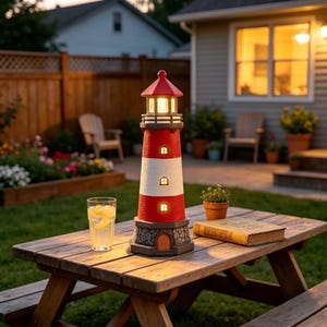 May include: A decorative lighthouse figurine featuring a red and white striped tower with a conical red roof, a stone-textured base, and small illuminated windows. The structure emits a warm glow from the lantern room at the top.