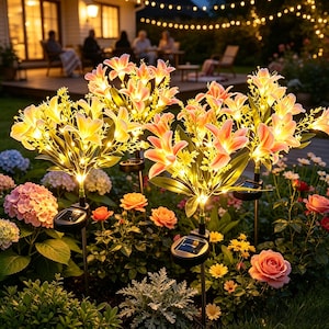 May include: Two solar-powered garden lights shaped like clusters of pink and yellow lilies. Each light features a small black solar panel at the base of the stem, with integrated warm white LED lights illuminating the flower petals from within.