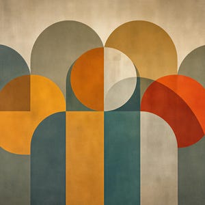 May include: A geometric wall art print featuring overlapping circles and vertical rectangular columns in a muted colour palette of burnt orange, mustard yellow, slate blue, and soft grey, creating a layered composition with soft textures.