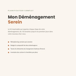 Puede incluir: Un planificador de mudanzas imprimible en formato A4 titulado Mon Déménagement Serein. Incluye un cronograma semanal, seguimiento de presupuesto, pasos para cambio de domicilio en Francia y listas de inventario de cajas. Tiene 16 páginas.