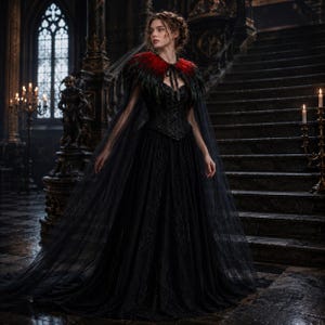 May include: A floor-length black gown featuring a structured corset bodice and a full, layered tulle skirt. The garment is accented by a dramatic shoulder cape adorned with vibrant red and black feathers, tied at the neck with a thin black ribbon.