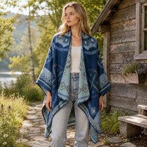 Puede incluir: Un poncho abierto de color azul y azul claro con un patrón geométrico y floral repetitivo. La prenda se lleva sobre una camiseta sin mangas blanca y vaqueros de mezclilla claros, mostrando una silueta drapeada con cuello ancho.