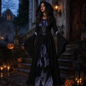 May include: A floor-length black hooded dress featuring long flared sleeves, a lace-up corset-style bodice, and a central panel with a blue and grey abstract graphic print. The garment includes a hood and fitted long sleeves with flared cuffs.