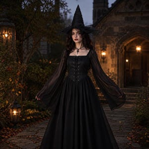 May include: A black floor-length dress with long sheer sleeves, a square neckline, and a lace-up bodice front. The outfit includes a tall, pointed black hat adorned with a dark rose and tulle netting, creating a cohesive dark ensemble.