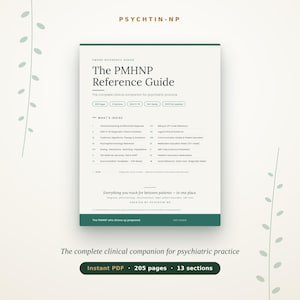 May include: A white reference guide titled The PMHNP Reference Guide with dark green borders and text. It lists 13 sections including clinical reasoning, DSM-5-TR criteria, and pharmacology. The document is 205 pages and includes a quick reference desk card.