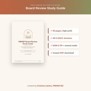 May include: A digital study guide for the ANCC PMHNP-BC certification exam. The cover features a minimalist arch graphic with a sun and trees. Text includes: PMHNP Board Review Study Guide, 95 pages, high-yield, all 5 ANCC domains, DSM-5-TR, and instant PDF download.