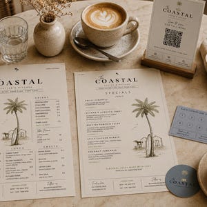 Coastal Cafe Menu Template Bundle | Editable Canva Menu | Coffee Shop Branding Kit | Breakfast Lunch Drinks Menu | Australia Cafe