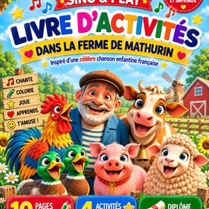 Puede incluir: Una portada de libro de actividades digital titulada LumiCoco Sing & Play Livre d'Activités Dans La Ferme De Mathurin. Muestra a un granjero, un gallo, dos patos, un cerdo y una oveja. Incluye texto para 10 páginas para colorear y 4 actividades.