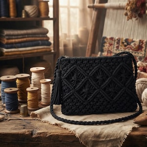 May include: A black macrame crossbody bag featuring a diamond knot pattern and a side tassel. The bag has a braided shoulder strap and is constructed from thick cord. The design includes a rectangular body with a top zipper closure.