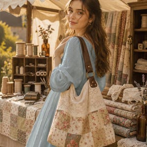 Peut inclure: Un sac à bandoulière de style hobo avec une base en tissu patchwork à motifs floraux dans des tons doux, une large section supérieure en dentelle crème et une sangle en cuir marron foncé fixée par des anneaux et des rivets en métal doré.