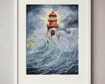 Poster - Dramatisk Akvarellmålning – Fyr i Storm (A4) | Expressionistische Havskonst | Kustinredning | Maritim Väggkonst
