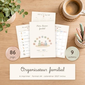 May include: A family planner set featuring a cover titled Notre classeur familial with a central illustration of stylized figures. The set includes a 2027 calendar, weekly schedules, and daily routine pages. Two circular icons display 86 pages and 9 sections.