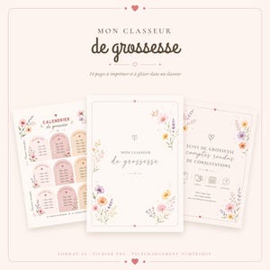 Peut inclure: Un ensemble de trois pages A4 imprimables pour un classeur de grossesse avec des illustrations florales roses, violettes et jaunes. Les pages contiennent du texte en français comme Mon classeur de grossesse, Calendrier de grossesse et Suivi de grossesse.